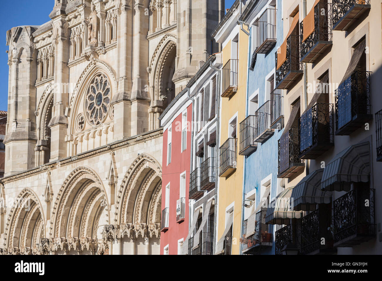 Detail of the colourful buildings and Cathedral on Plaza Mayor, Cuenca, Castilla La Mancha, Spain Stock Photo