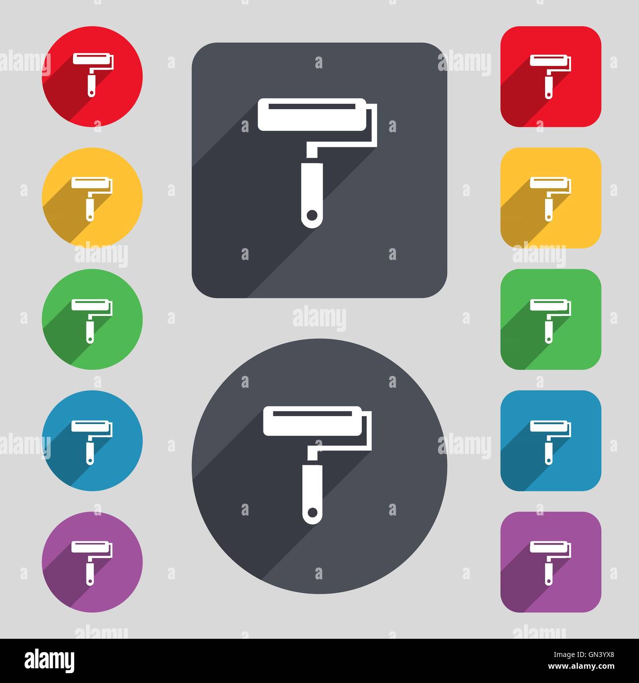 Paint roller icon sign. A set of 12 colored buttons and a long shadow ...
