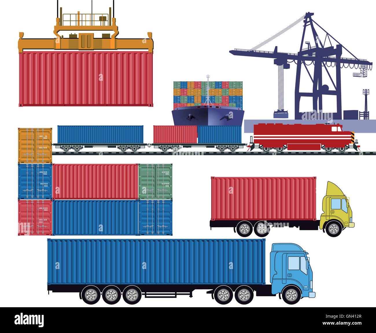 Containers by truck and container ship at the industrial port terminal Stock Vector
