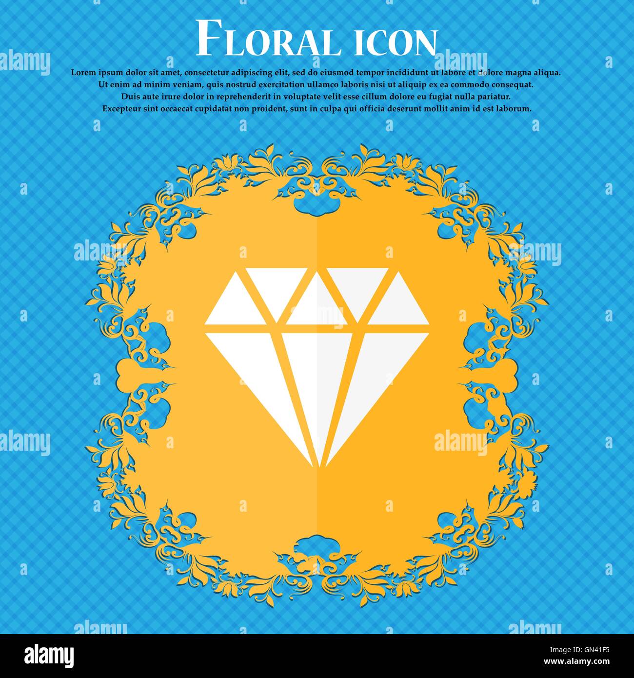 diamond icon. Floral flat design on a blue abstract background with place for your text. Vector Stock Vector