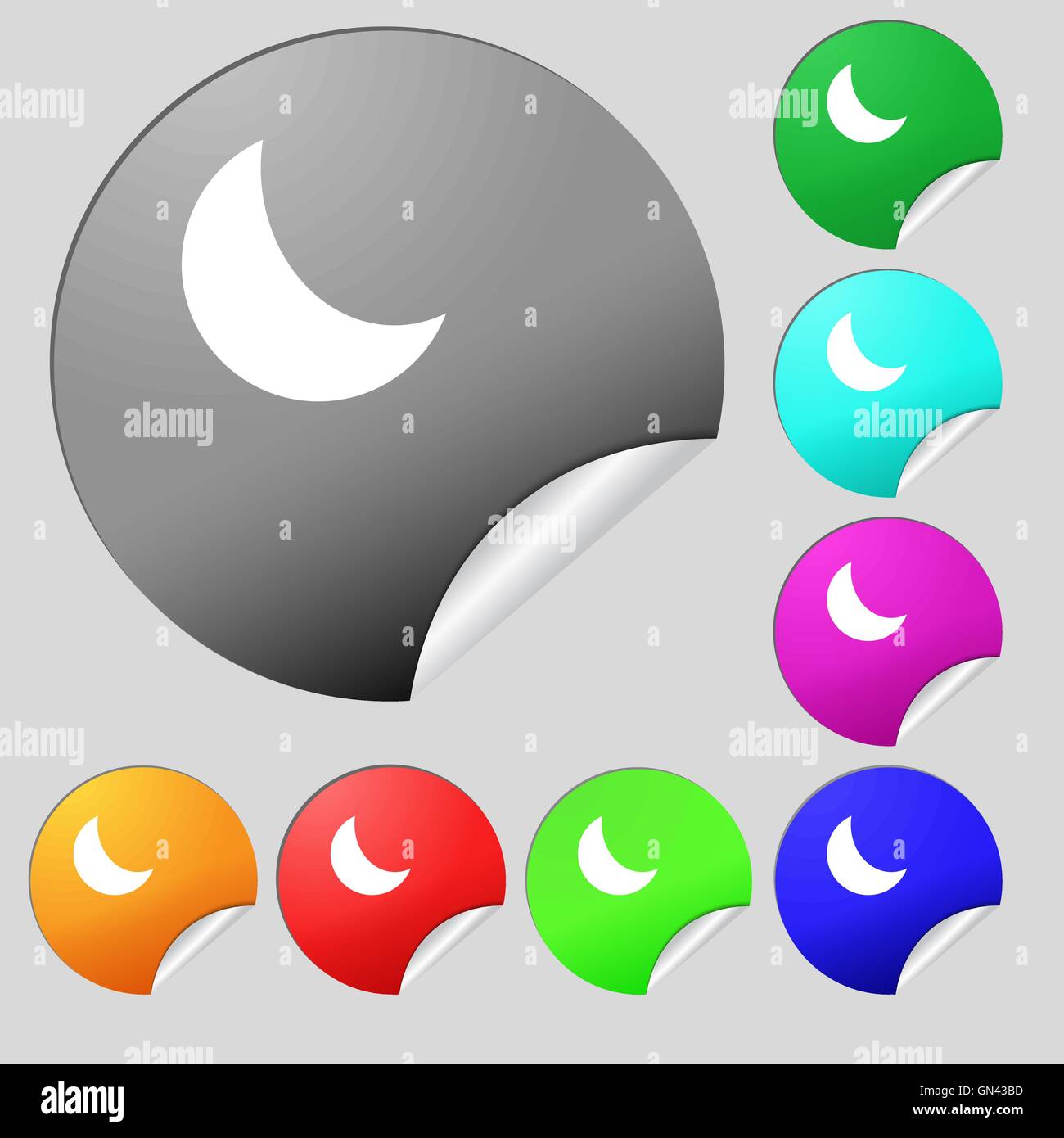 moon icon sign. Set of eight multi colored round buttons, stickers ...