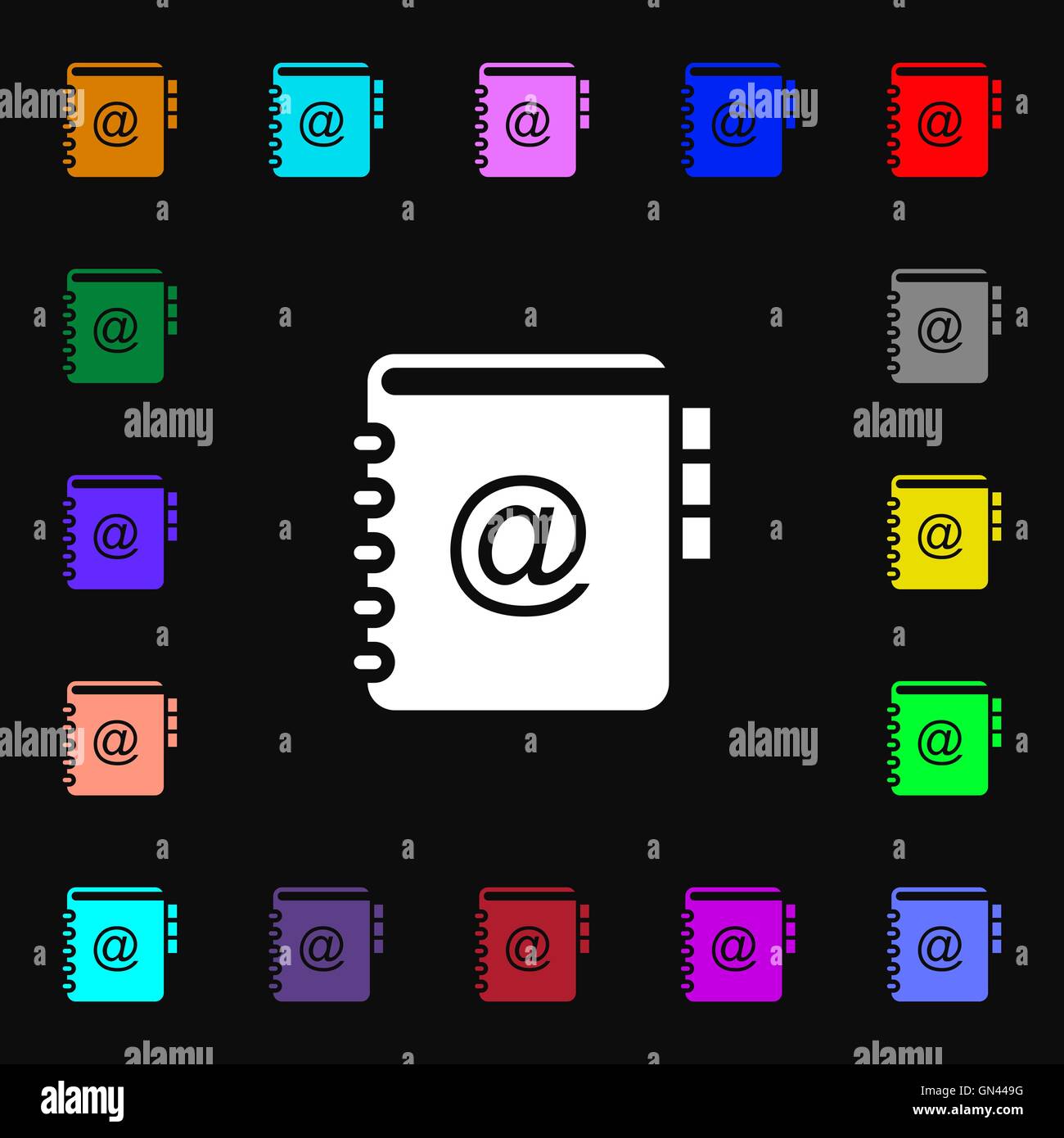 Notebook, address, phone book icon sign. Lots of colorful symbols for ...