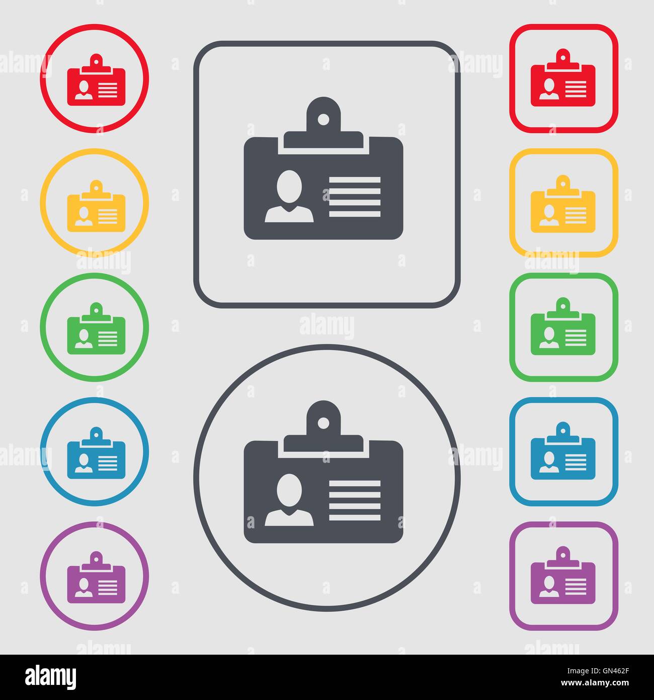 Identification card icon sign. symbol on the Round and square buttons ...
