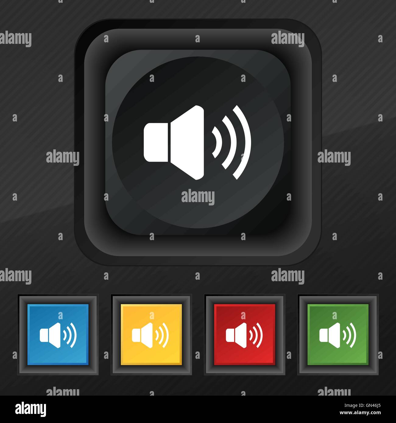 Speaker volume icon symbol. Set of five colorful, stylish buttons on ...