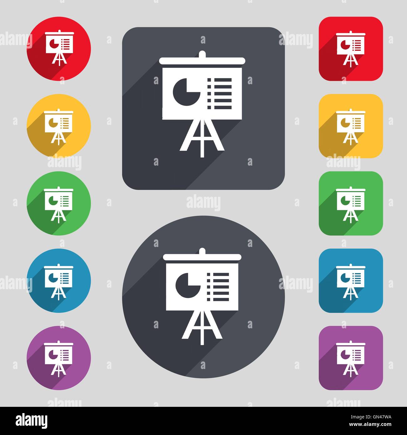 presentation board icon sign. A set of 12 colored buttons and a long ...