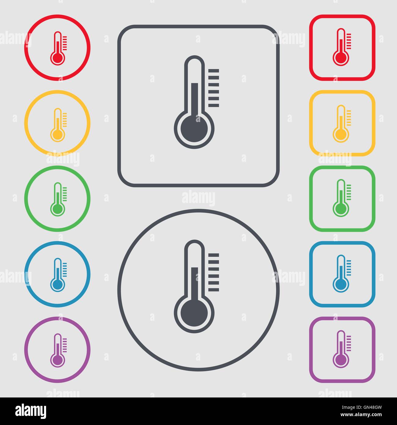 Thermometer icon sign. symbol on the Round and square buttons with frame. Vector Stock Vector