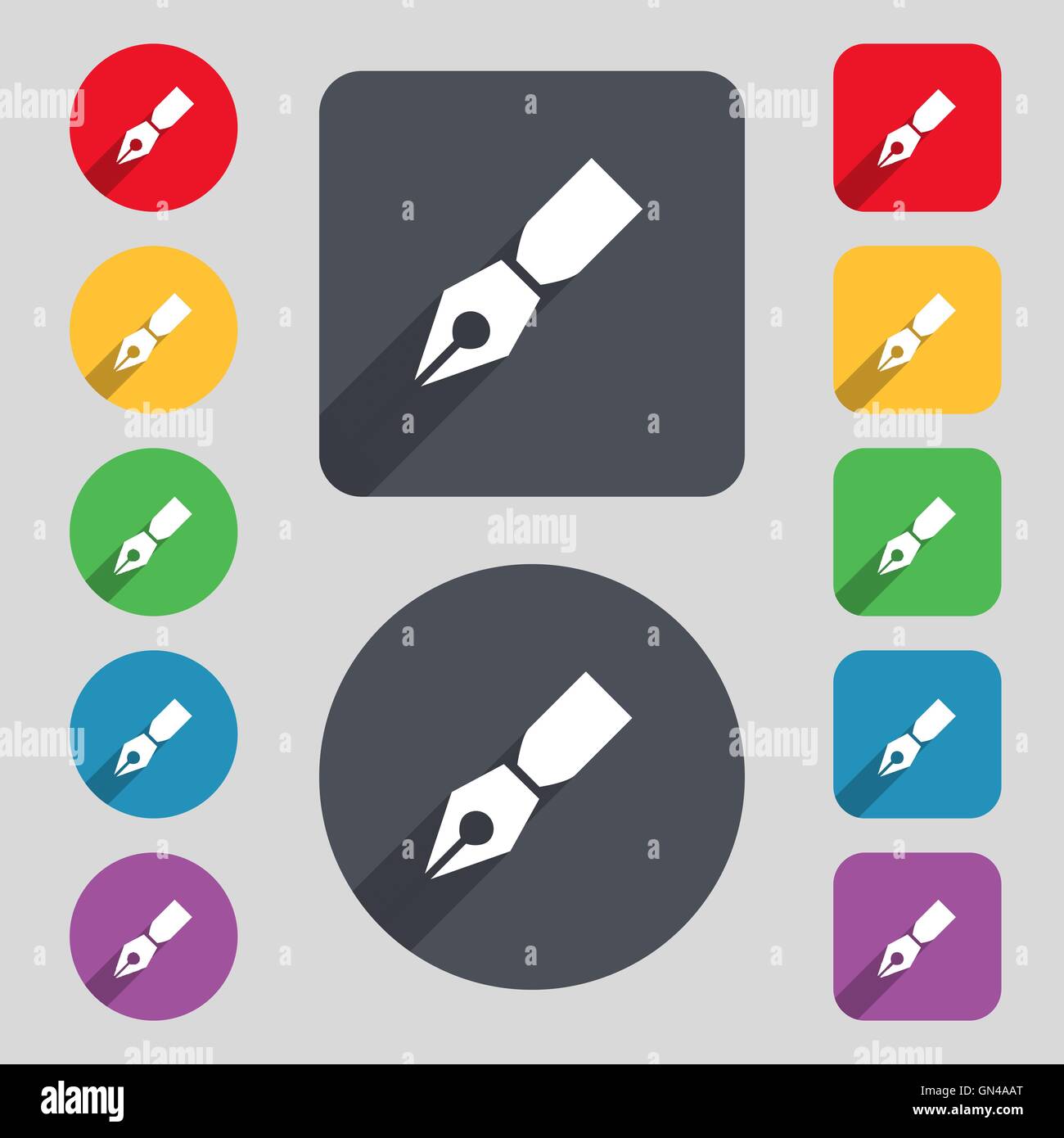 Pen icon sign. A set of 12 colored buttons and a long shadow. Flat ...