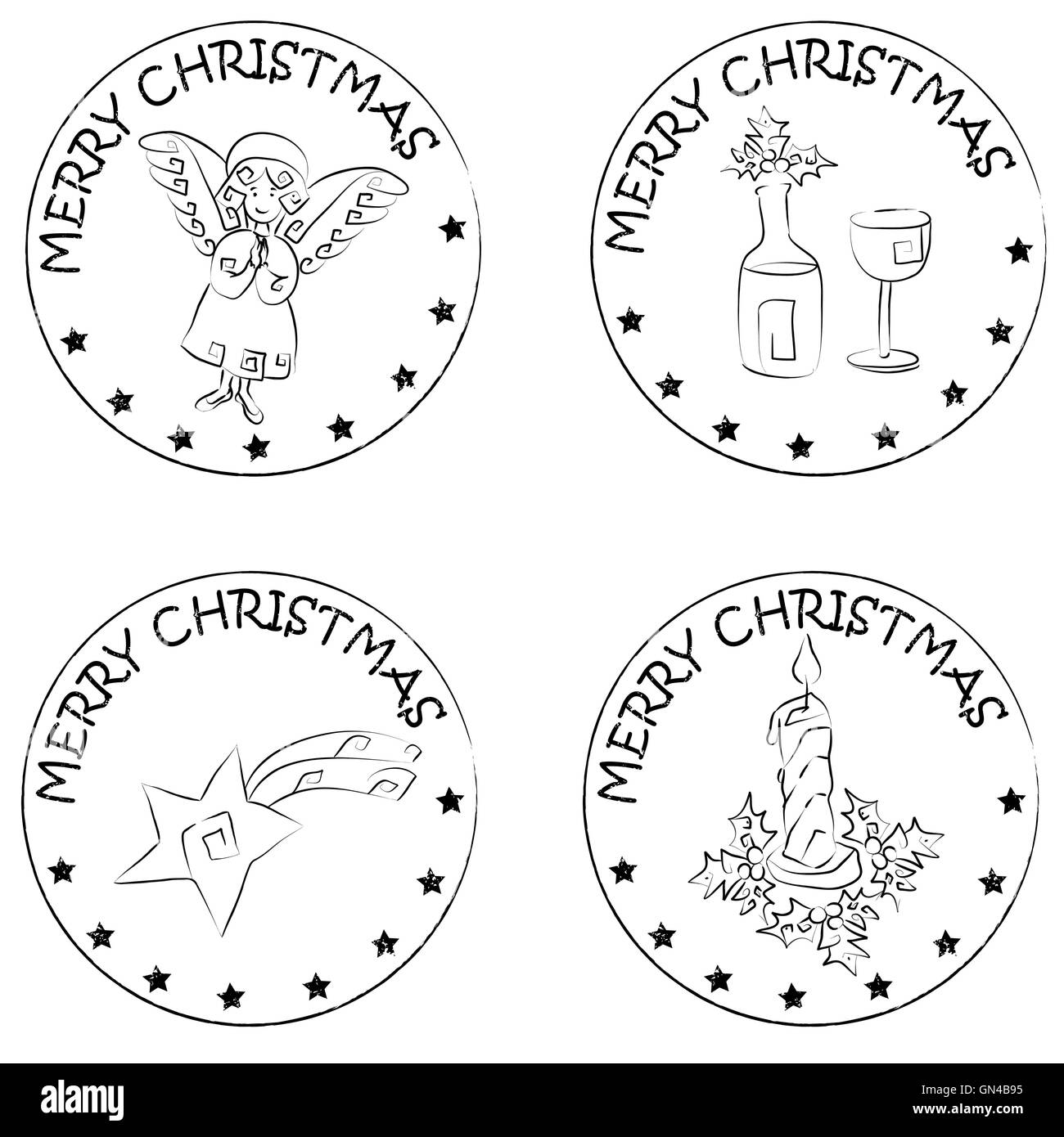 4 christmas coin stamps angel candle star wine Stock Photo