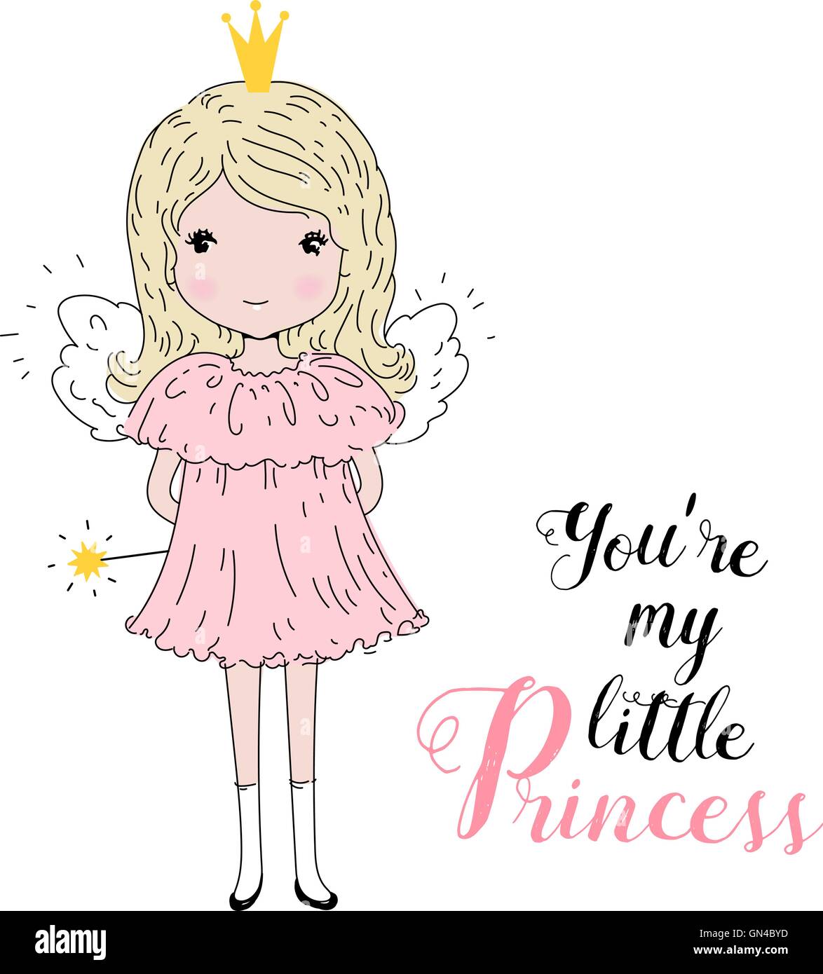 Cute little girl. Princess, fairy, angel. Vector illustration, greeting card for kids. Stock Vector