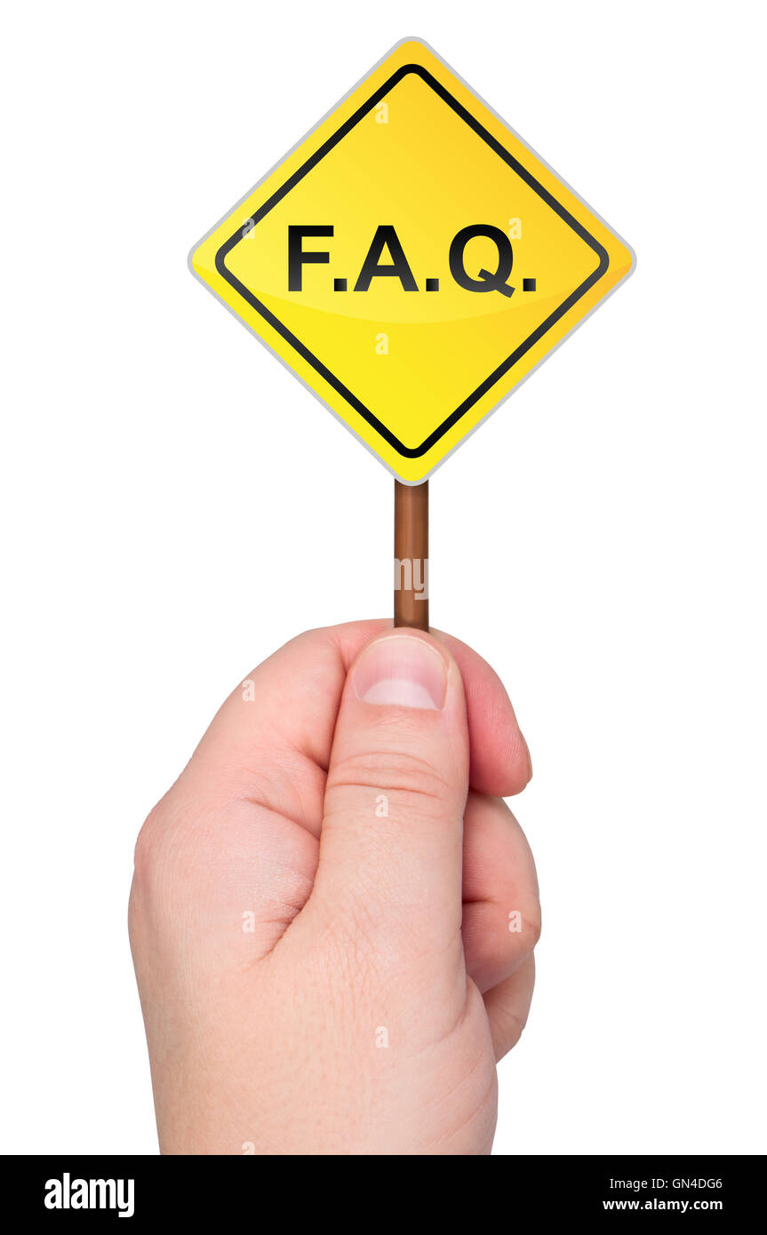 F.A.Q. road sign in hand isolated on white background. Stock Photo