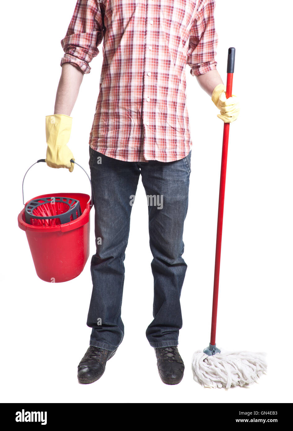 man holding a bucket and mop Stock Photo Alamy