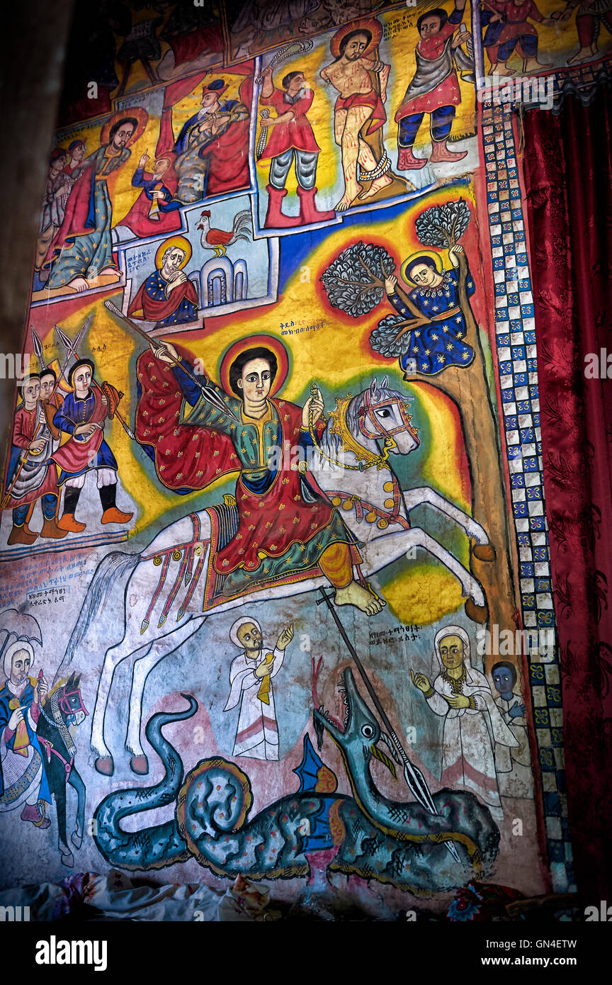 Ethiopia, Sep.11, 2012 painting on the wall of Beta Maryam Monastery on one of the island on
