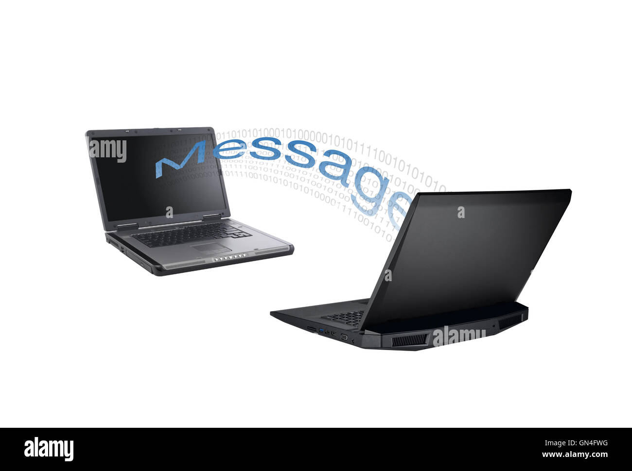 two laptops sending messages to each other Stock Photo Alamy