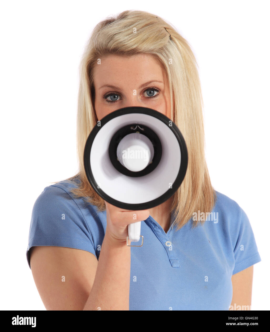 Woman using megaphone Stock Photo - Alamy