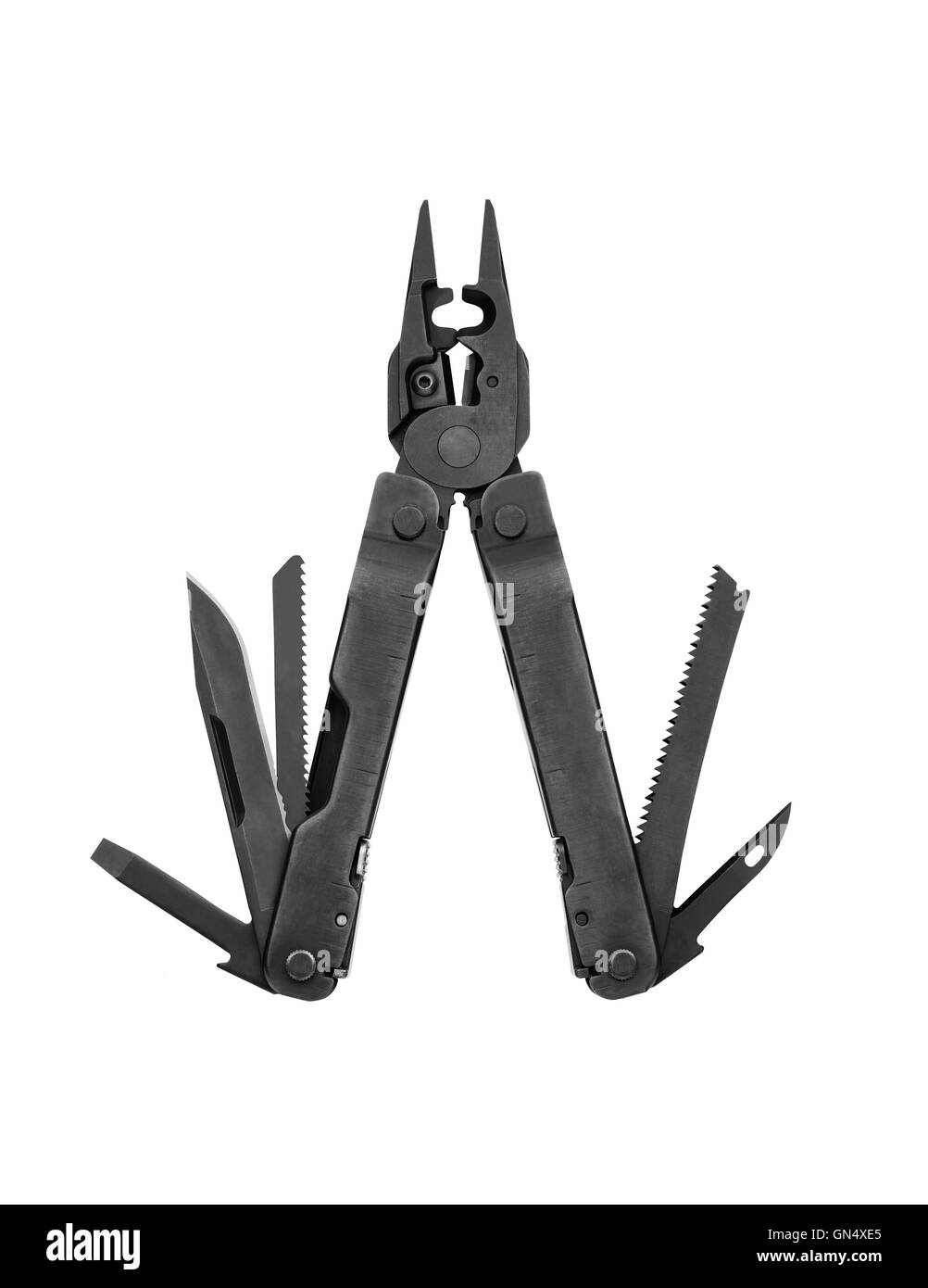 Steel pliers folding multi tool opened isolated Stock Photo