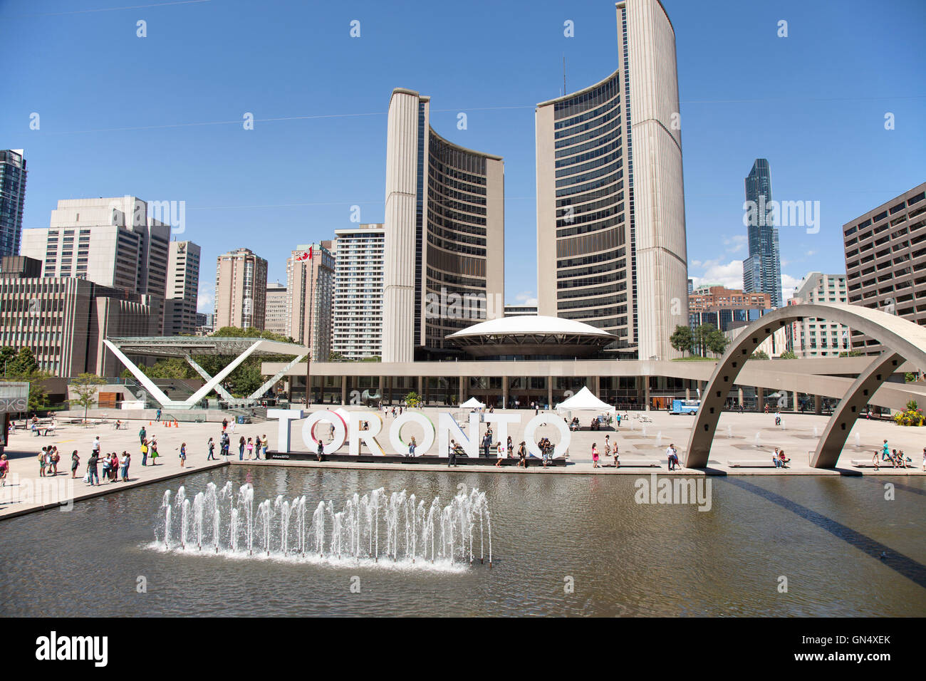 TORONTO - AUGUST 8, 2016: Toronto Nathan Phillips Square with city hall and the famous 'Toronto' sign. Stock Photo