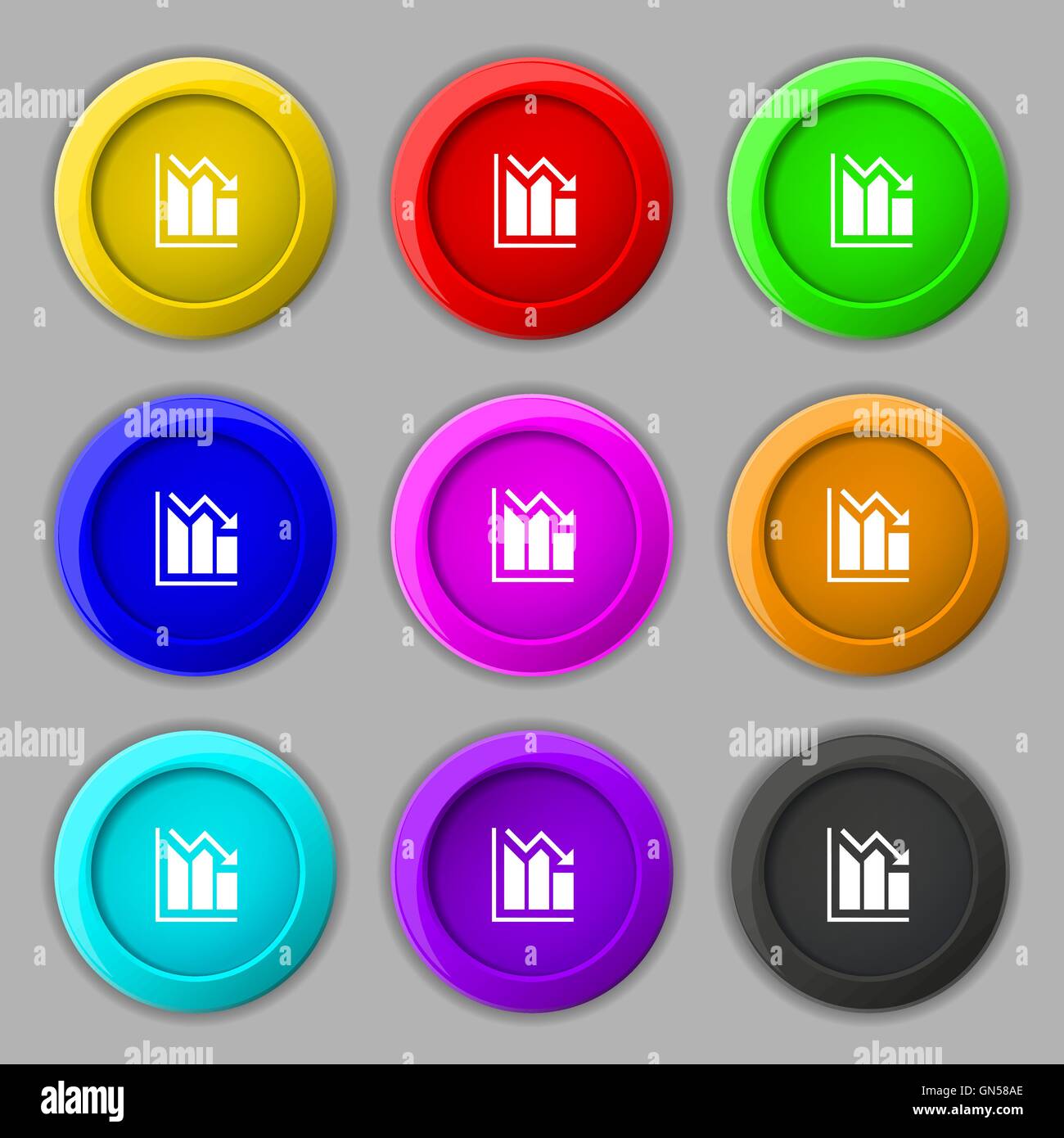 histogram icon sign. symbol on nine round colourful buttons. Vector ...