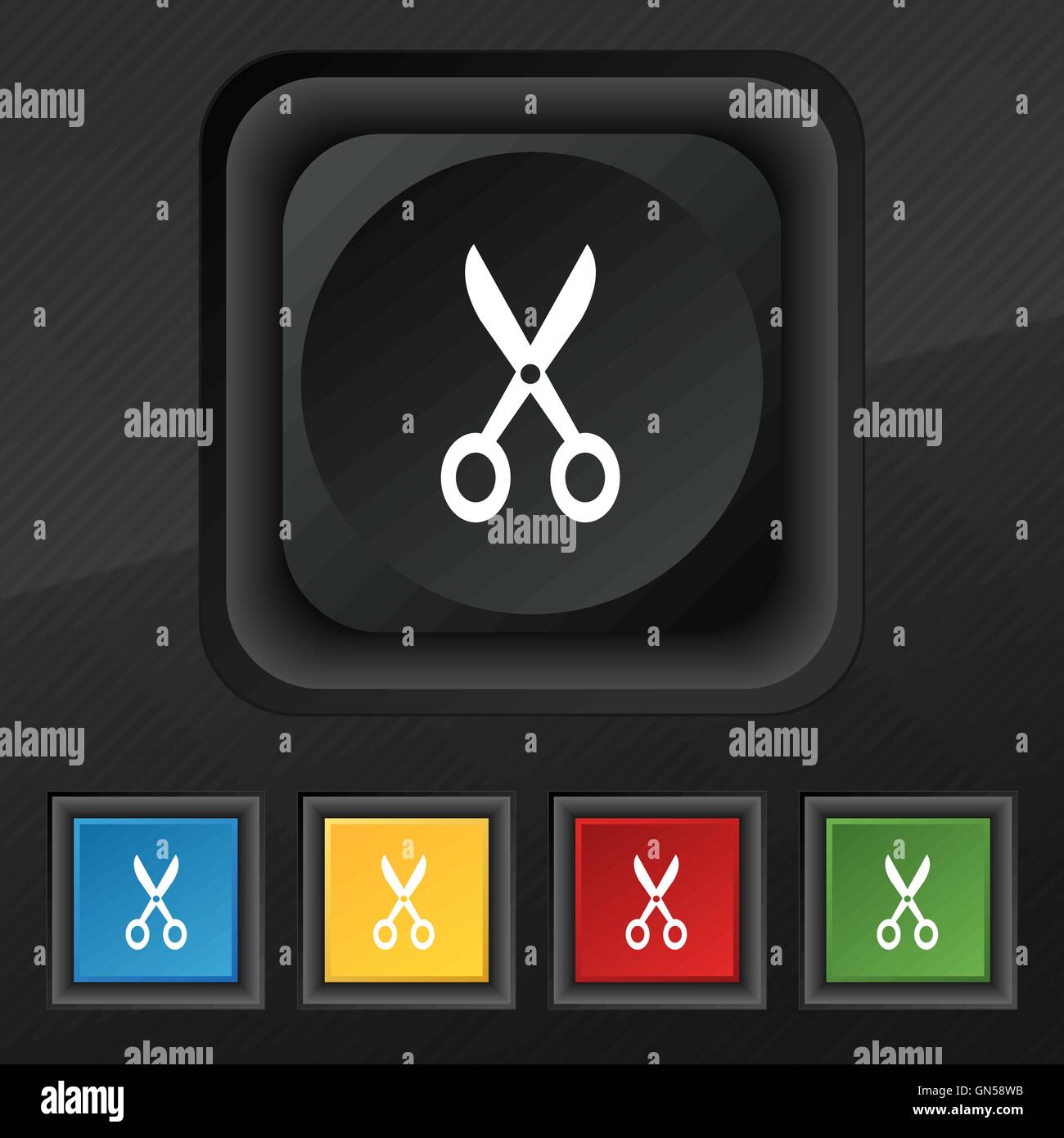 Scissors icon symbol. Set of five colorful, stylish buttons on black ...