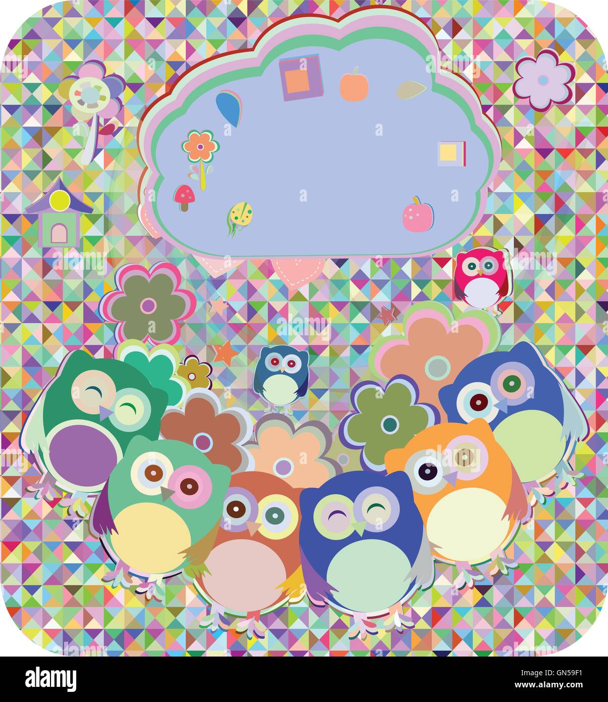 owls, birds, flowers, cloud and love heart, vector illustration Stock Vector