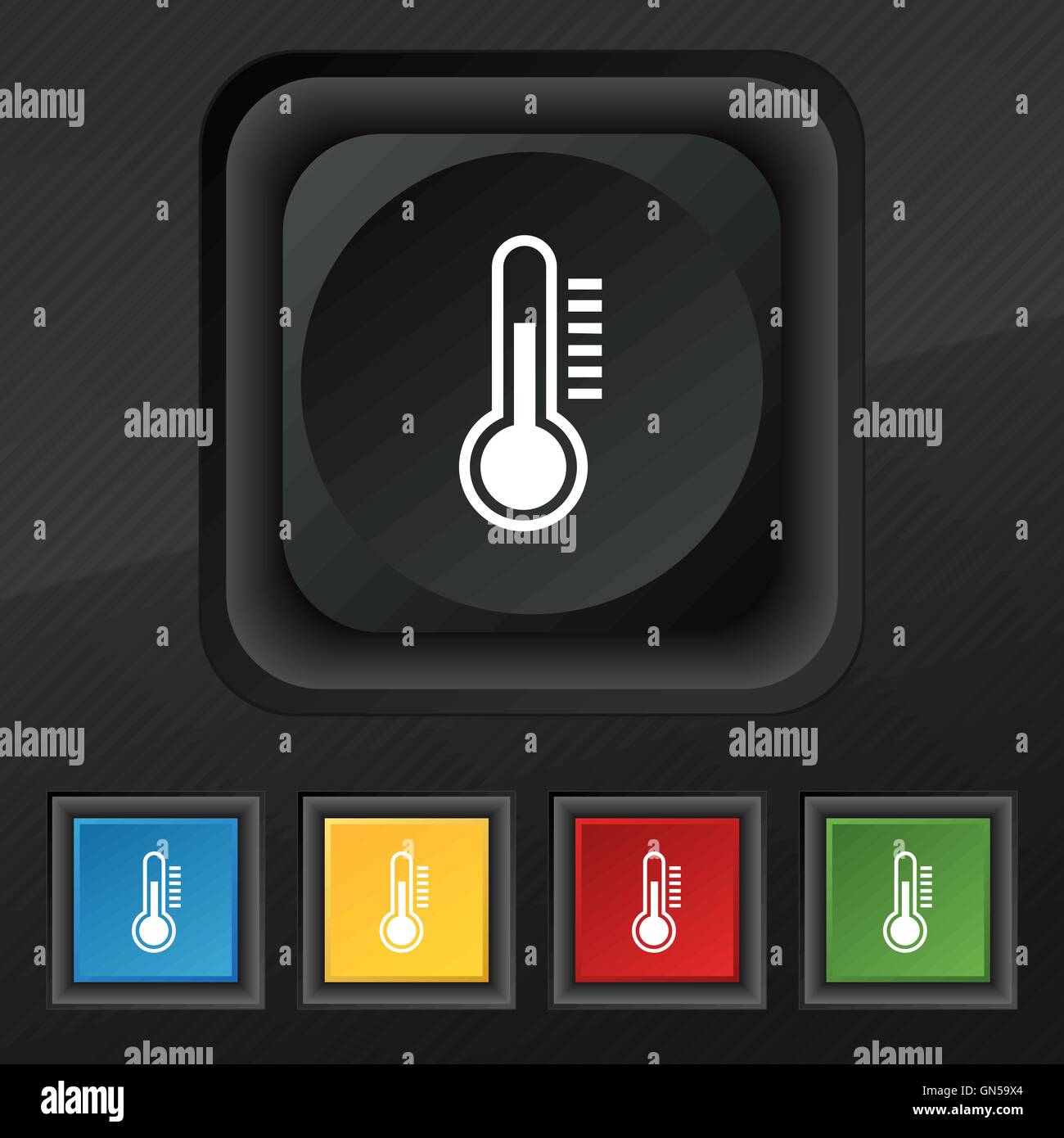 Thermometer icon symbol. Set of five colorful, stylish buttons on black ...