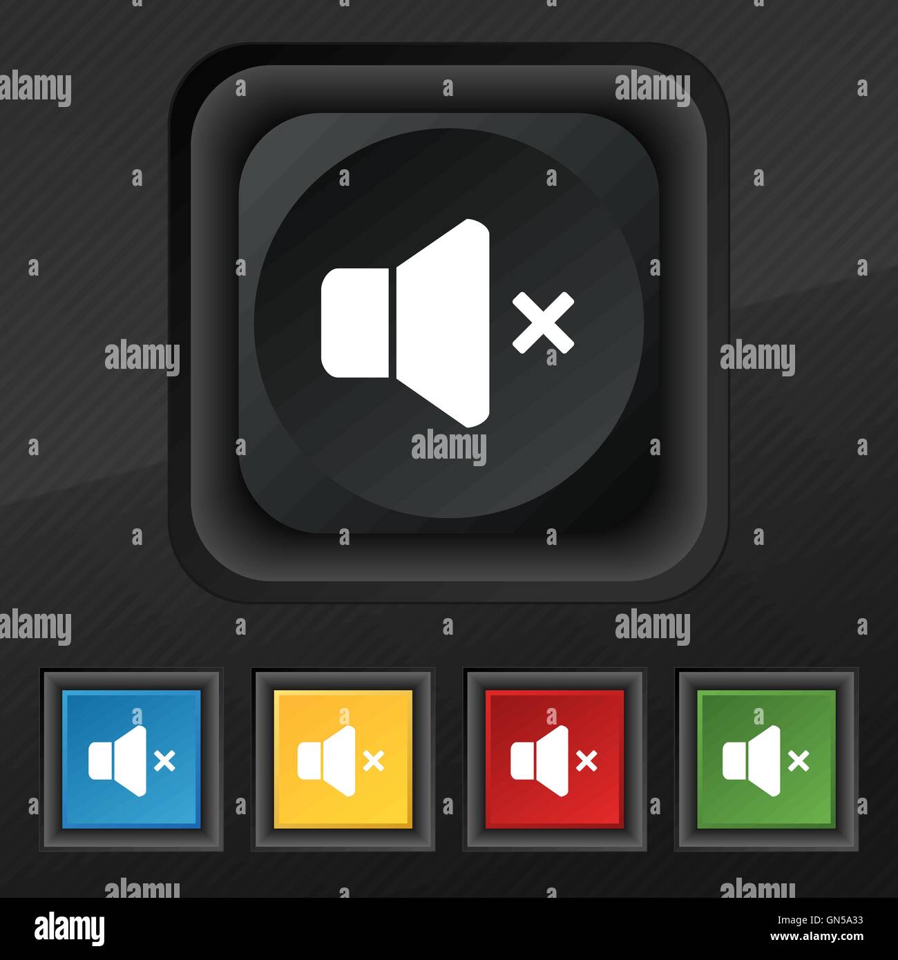 No Volume icon symbol. Set of five colorful, stylish buttons on black ...