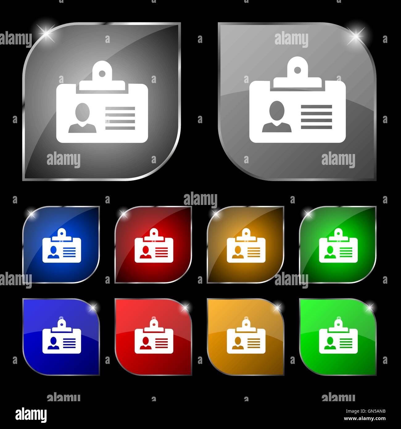 Identification card icon sign. Set of ten colorful buttons with glare ...
