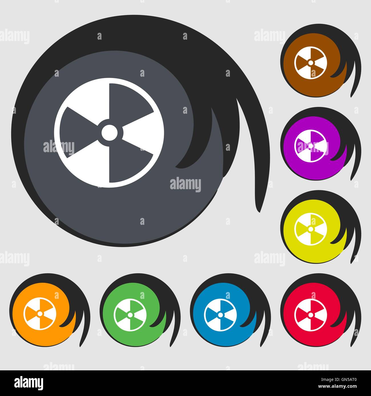 radioactive icon. Symbols on eight colored buttons. Vector Stock Vector