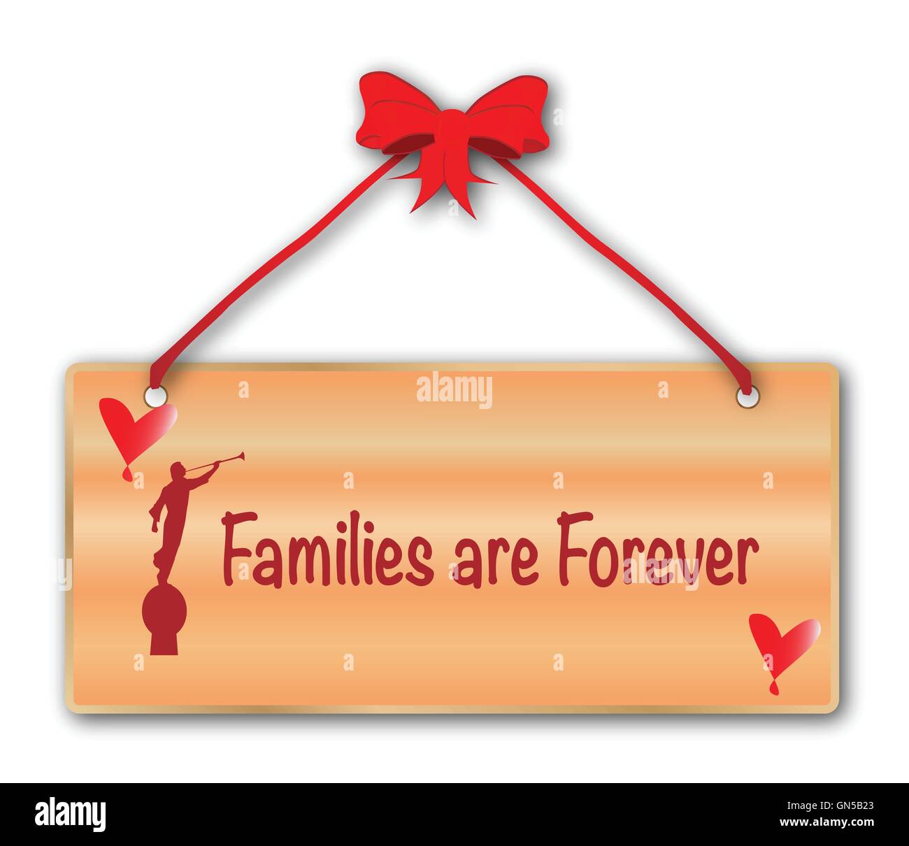 A families are forever plack in woodgrain with red ribbon and bow over a white background with love cartoon hearts and the angel Stock Vector