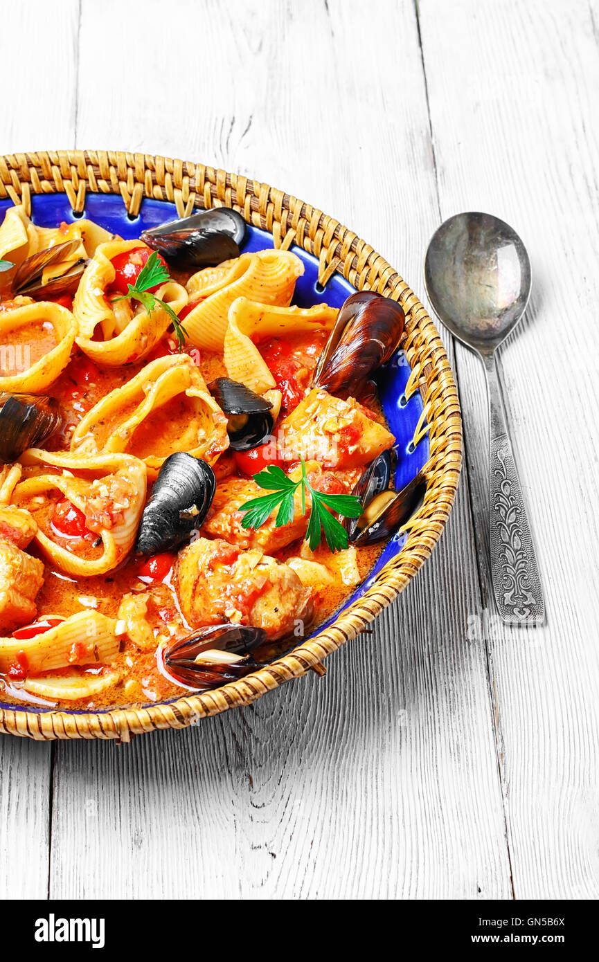 Dish sauce with seafood and fresh mussels with pasta Stock Photo Alamy