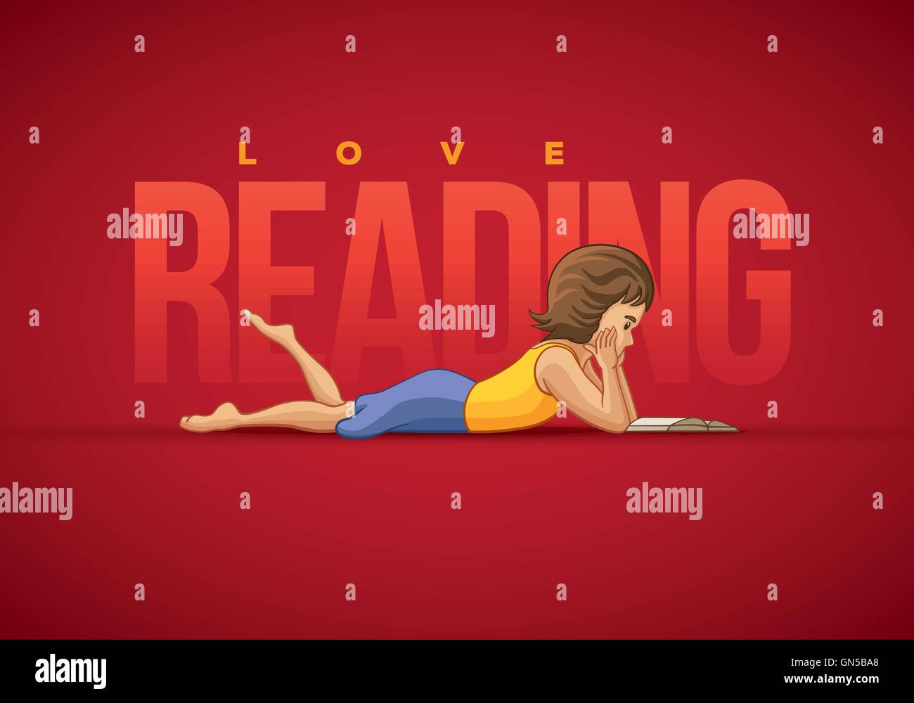 Girl lying down and reading book. Vector illustration and poster design