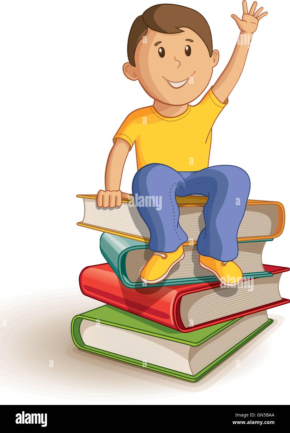 Vector illustration of a school boy sitting on the book stack. Stock Vector