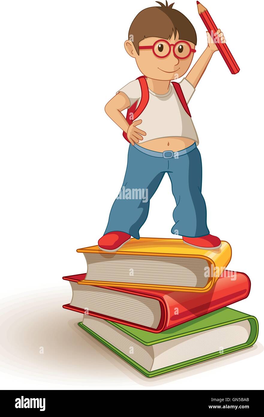 Vector illustration of a school boy standing and holding a red pencil on the book stack. Stock Vector