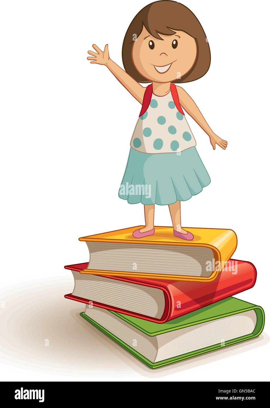 Vector illustration of a school girl standing and waving hand on the book stack. Stock Vector