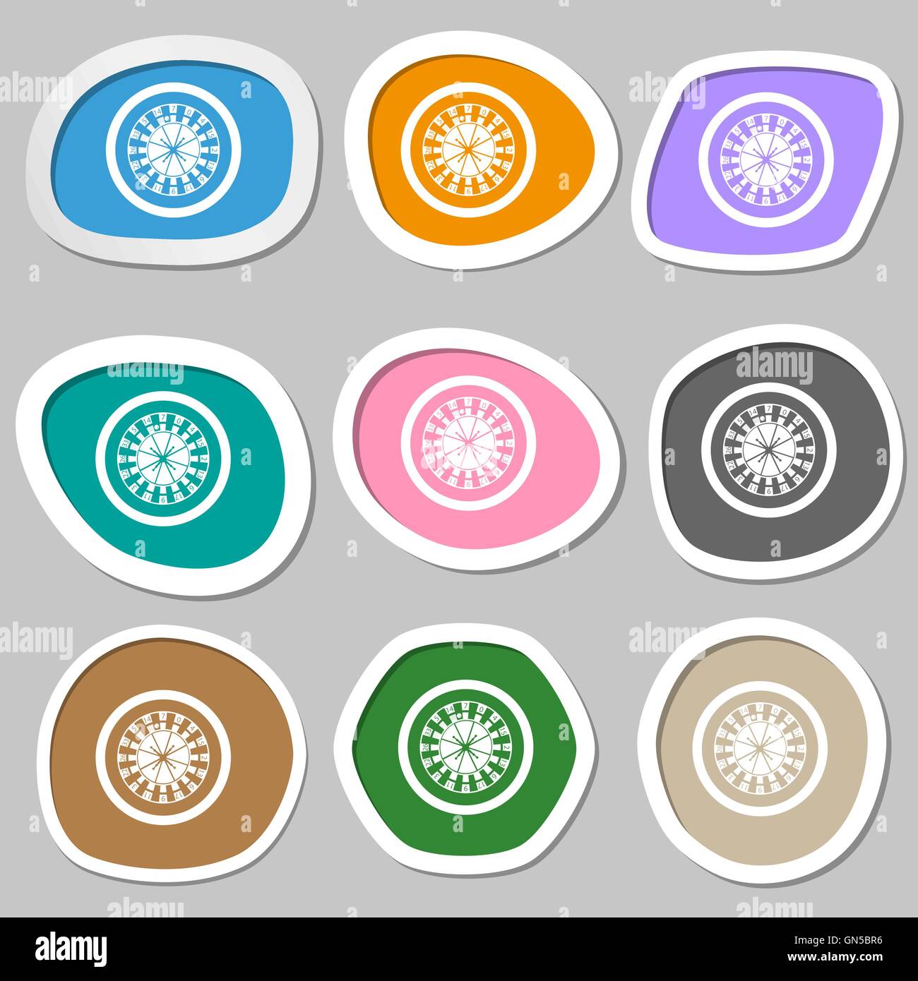 casino roulette wheel symbols. Multicolored paper stickers. Vector Stock Vector