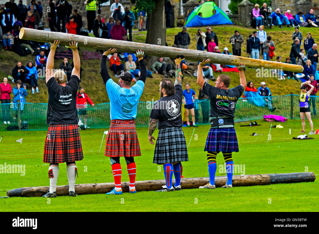 Participants of the caber tossing competition, Ceres Highland Games, Ceres, Scotland, United Kingdom Stock Photo