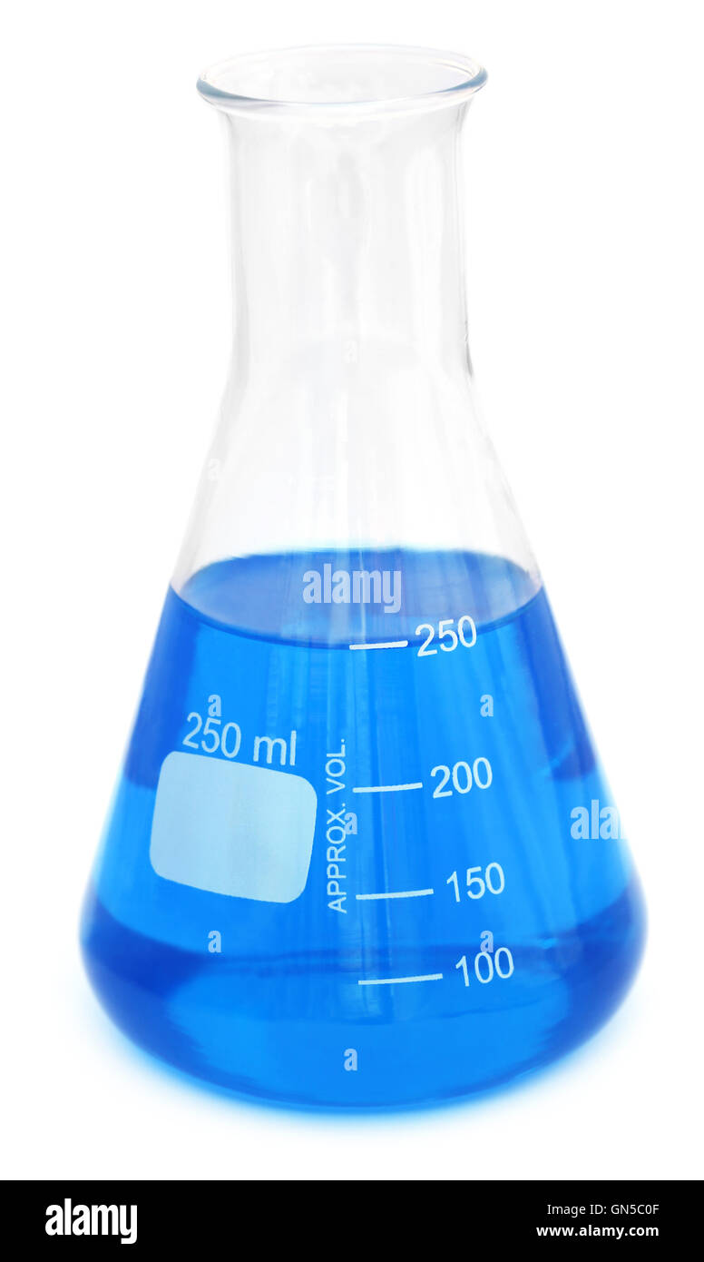 Conical flask with chemical over white background Stock Photo