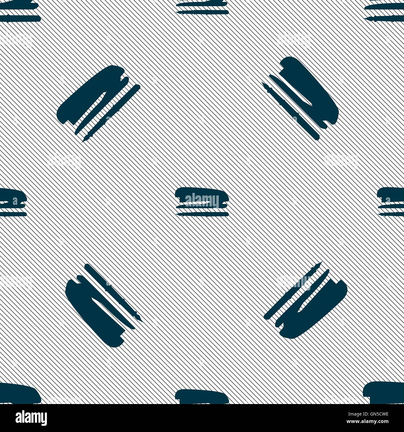 Stapler and pen icon sign. Seamless pattern with geometric texture ...