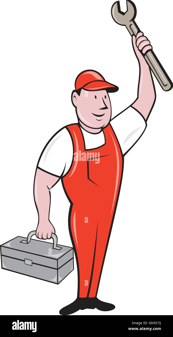 Mechanic Raising Wrench Holding Toolbox Cartoon Stock Vector Image & Art -  Alamy