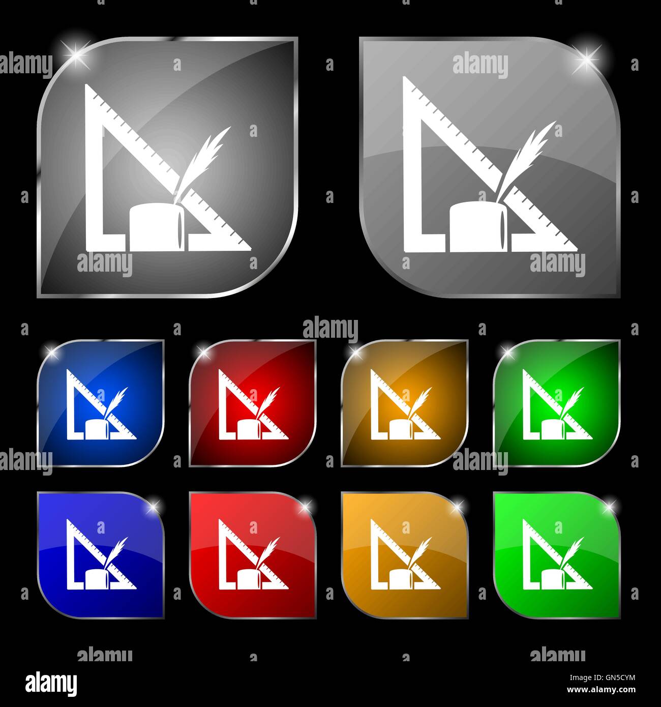 Pencil and ruler icon sign. Set of ten colorful buttons with glare ...