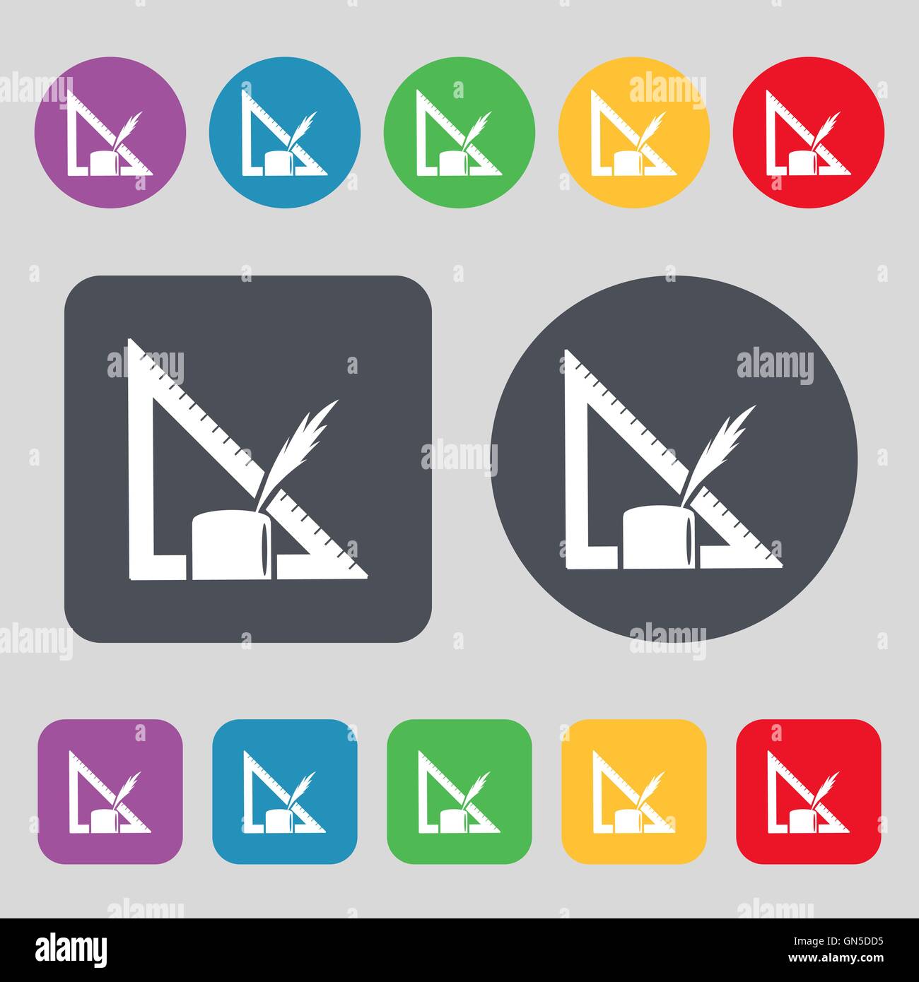 Pencil and ruler icon sign. A set of 12 colored buttons. Flat design ...