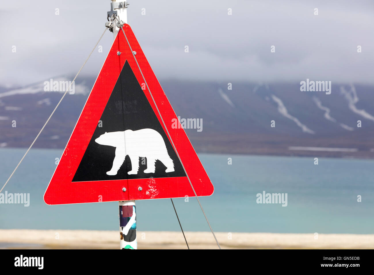 Warning sign for polar bears at Svalbard Stock Photo