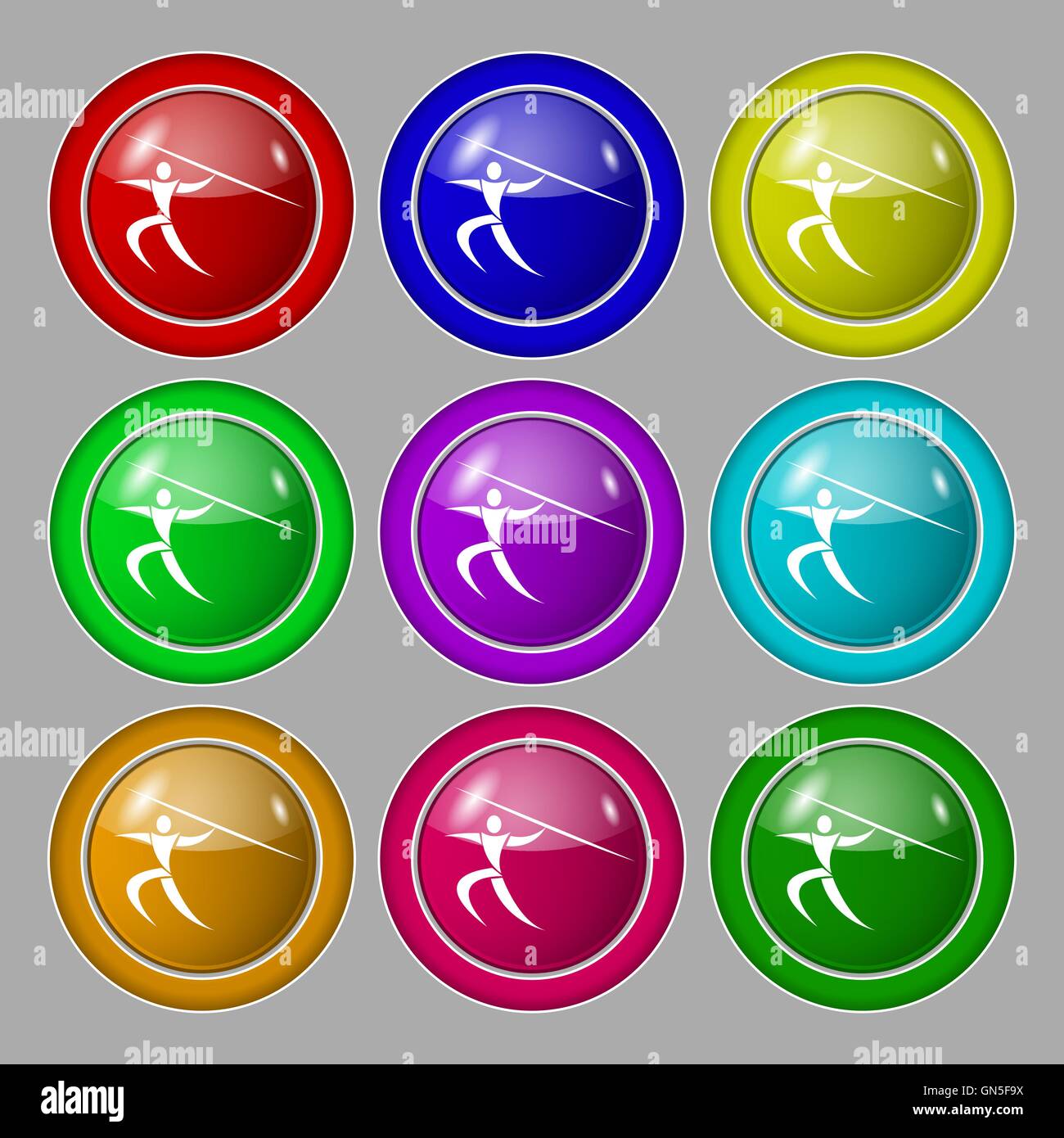 Summer sports, Javelin throw icon sign. symbol on nine round colourful ...