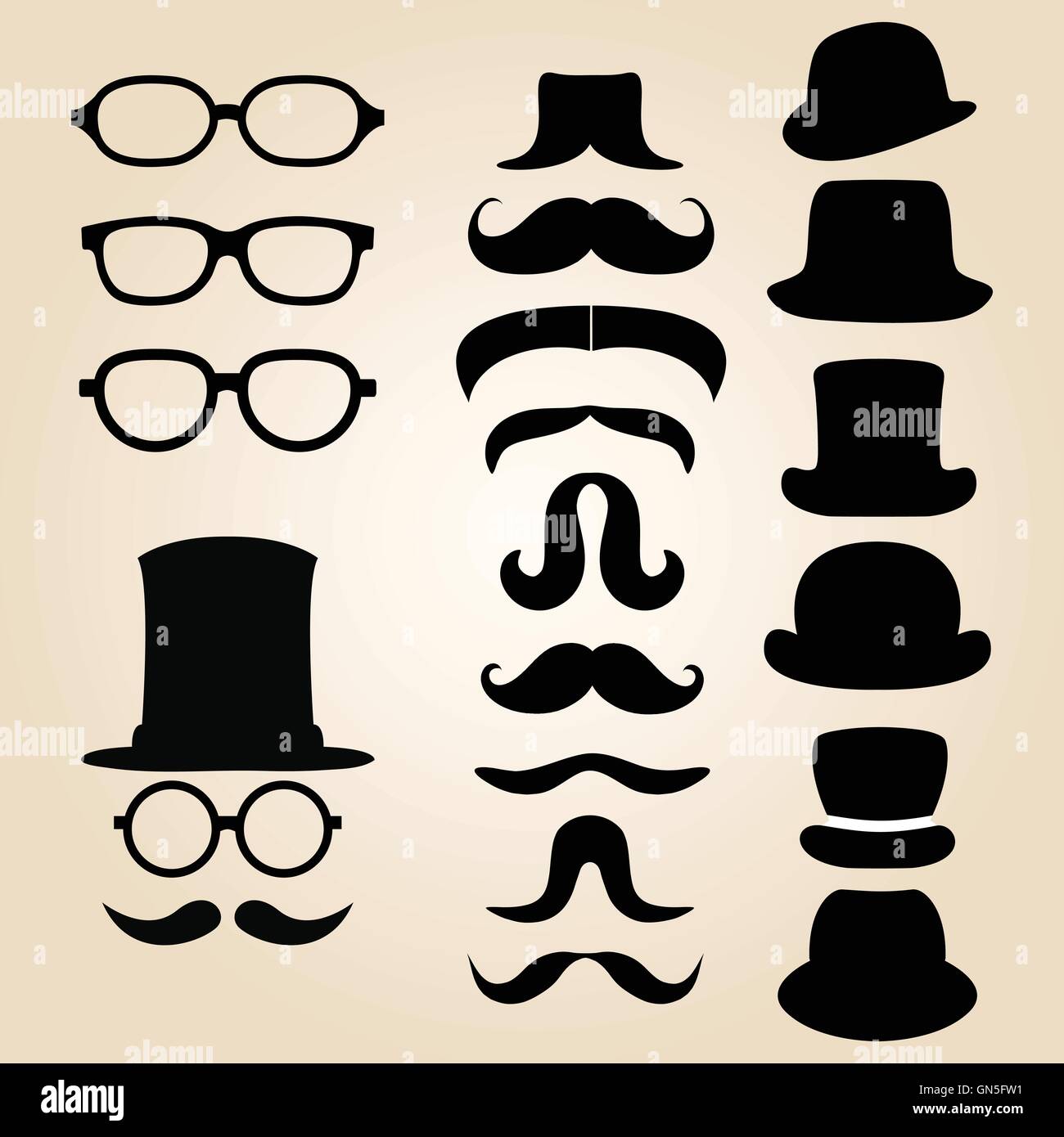 Retro gentleman's set consists of a hat, glasses and mustache Stock Vector