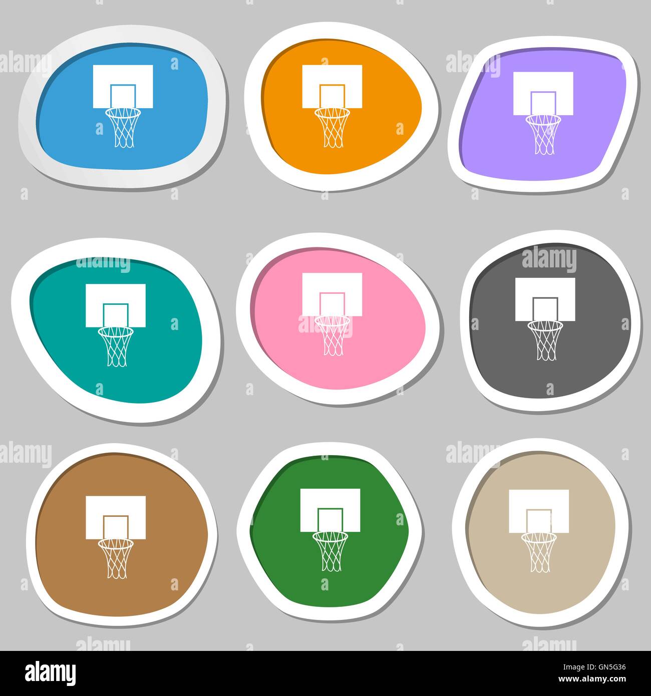 Basketball backboard symbols. Multicolored paper stickers. Vector Stock