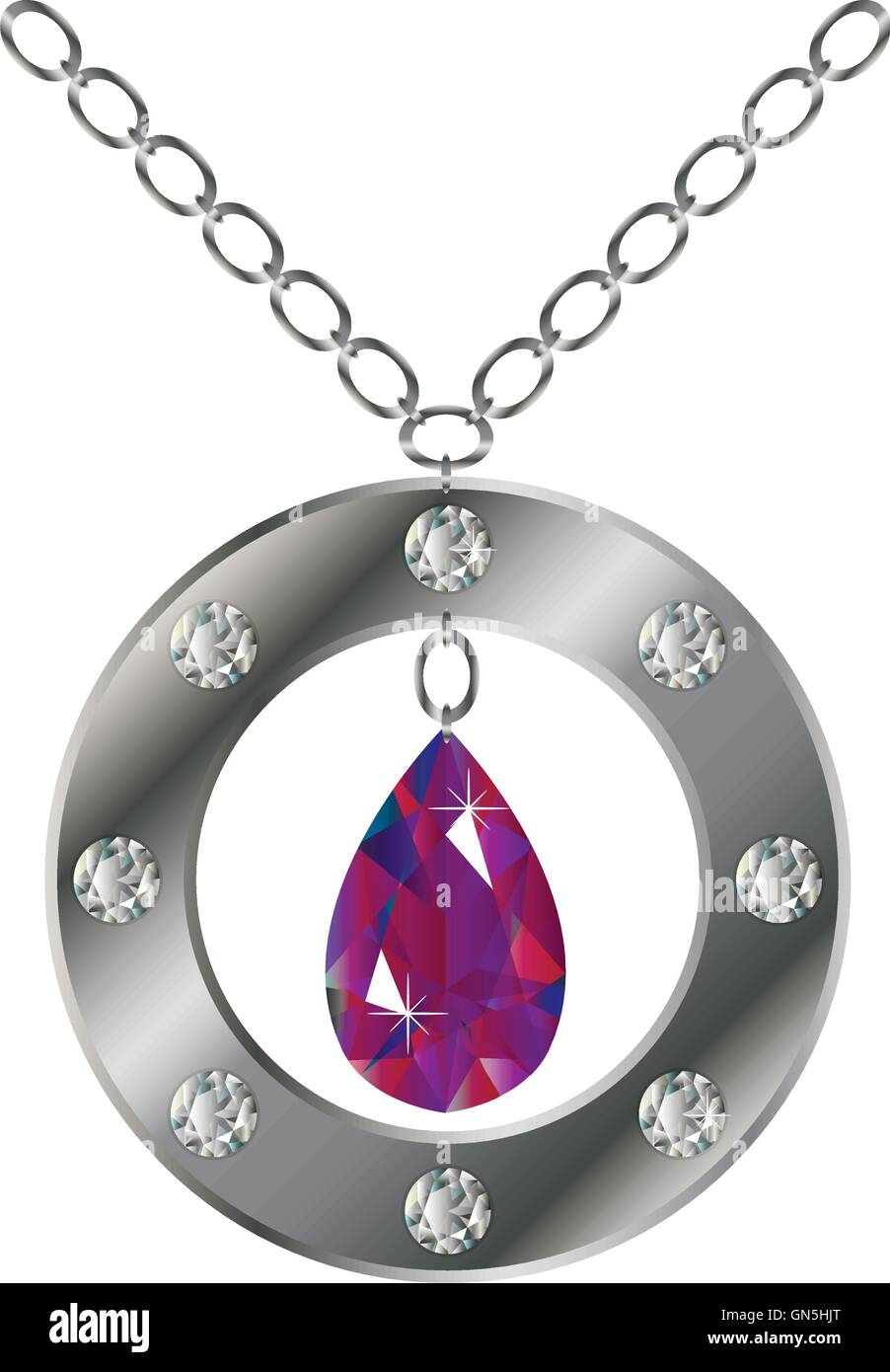 Silver round pendant, bright purple gem. Vector illustration Stock