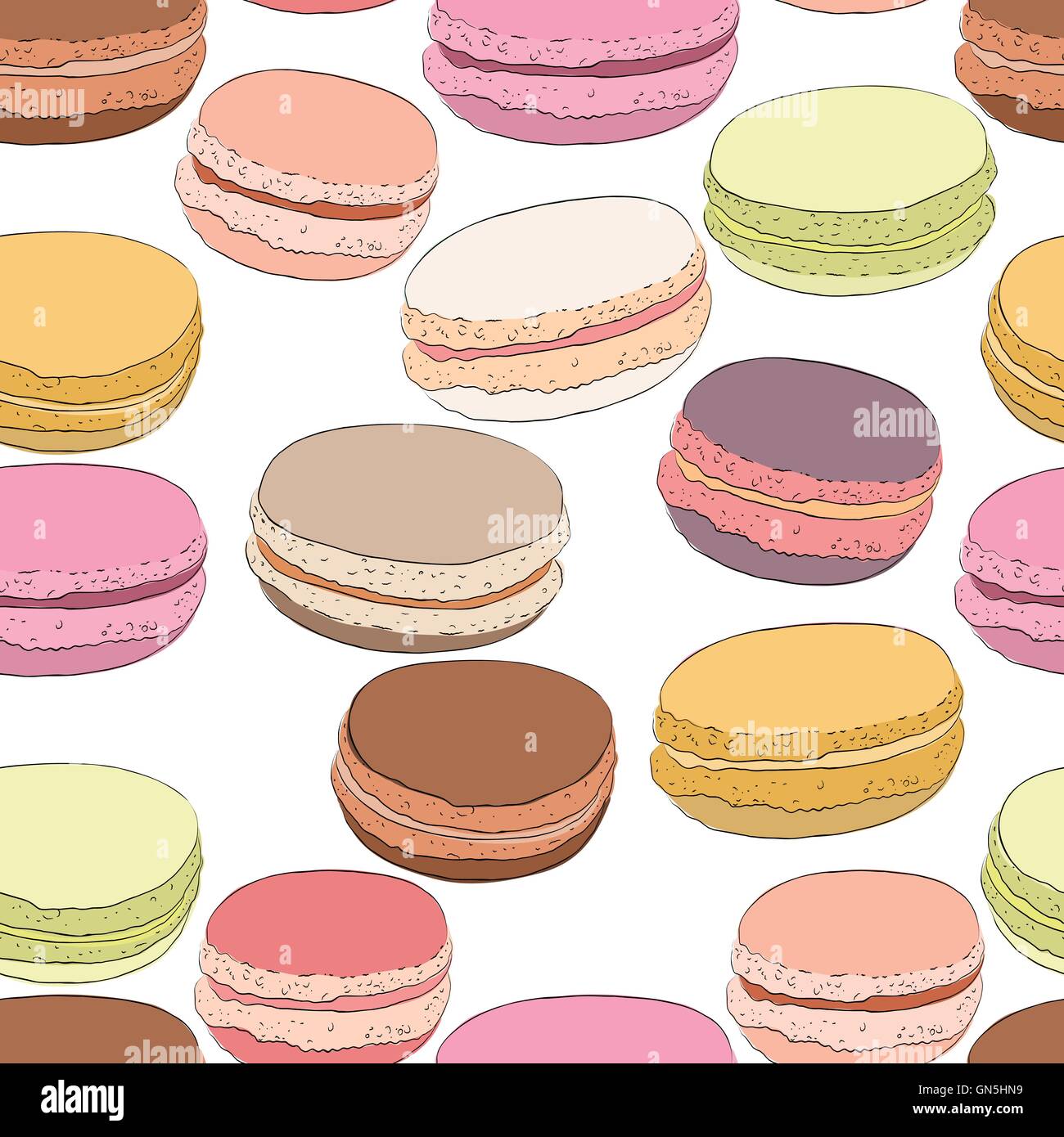 Seamless pattern of colorful doodle macaroons. Sketch macaroon. Stock Vector