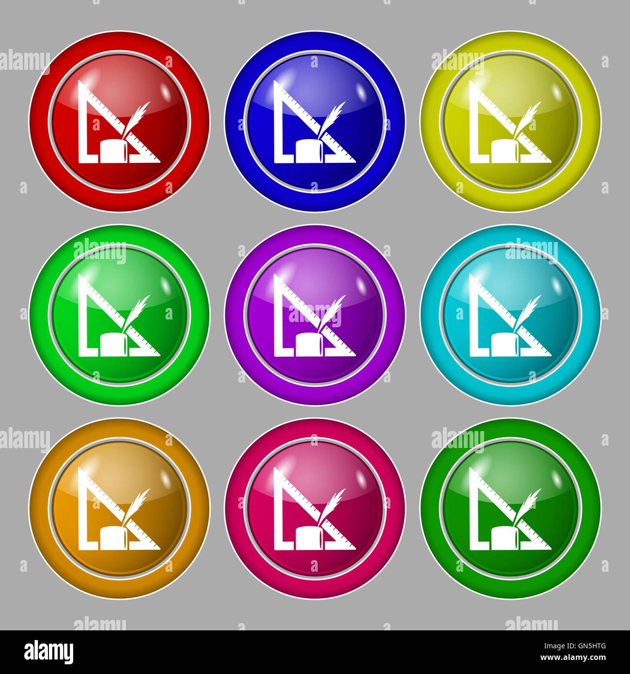 Pencil and ruler icon sign. symbol on nine round colourful buttons ...