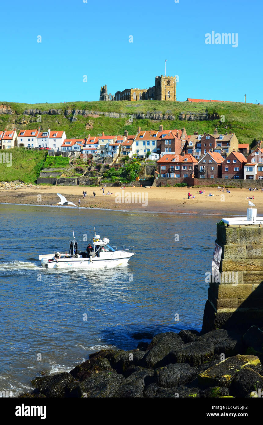Boat entering Whitby harbour North Yorkshire England UK Stock Photo - Alamy