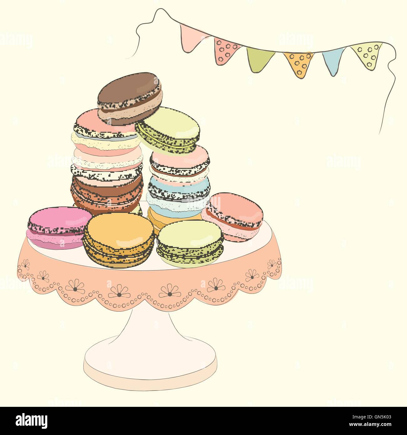 Set of colorful doodle macaroon on plate. Sketch macaroon. Stock Vector