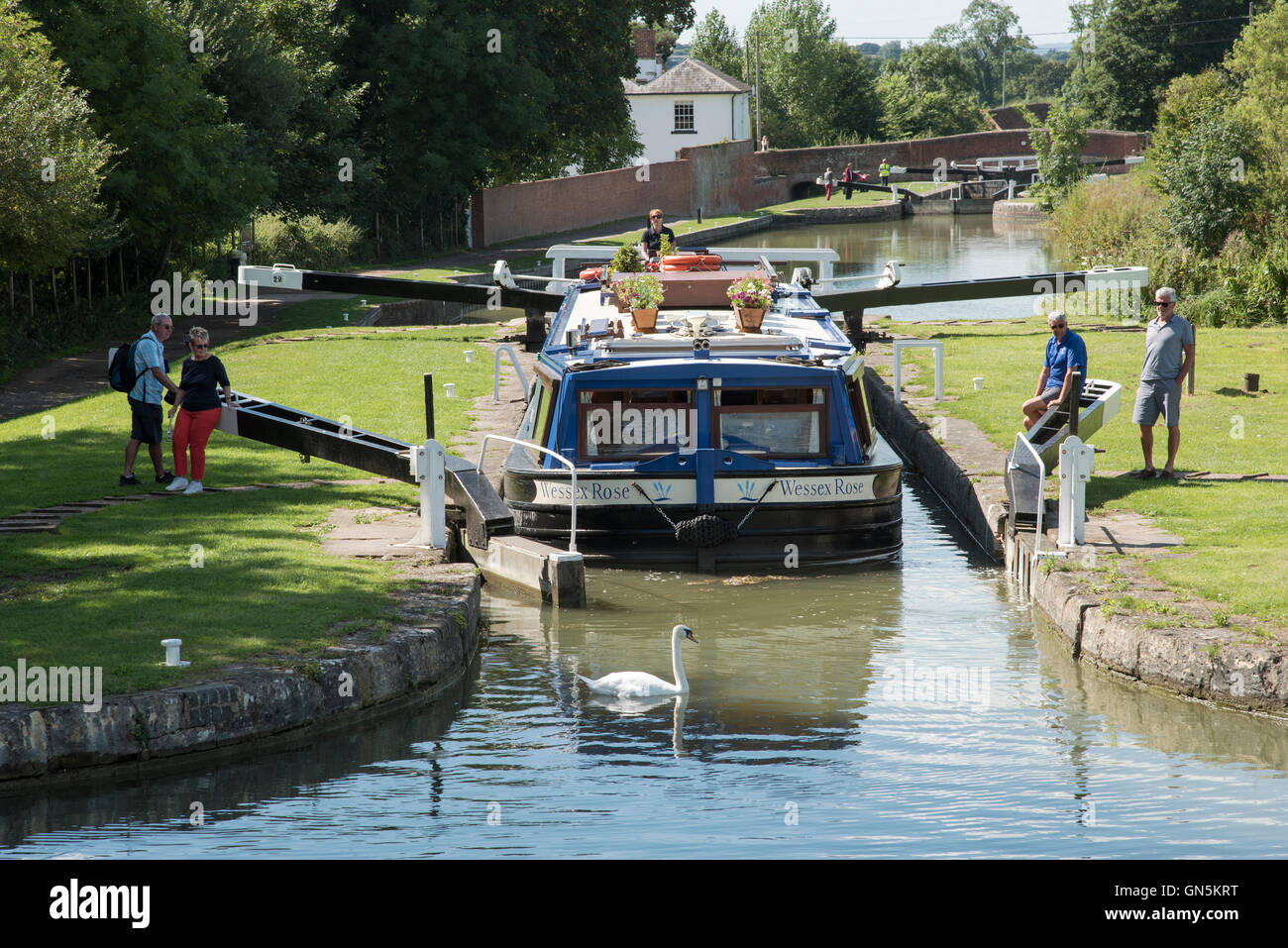 A broad beam hotel boat Wessex Rose underway on the Kennet and Avon canal at Caen Hill close to Devizes Wiltshire England UK Stock Photo
